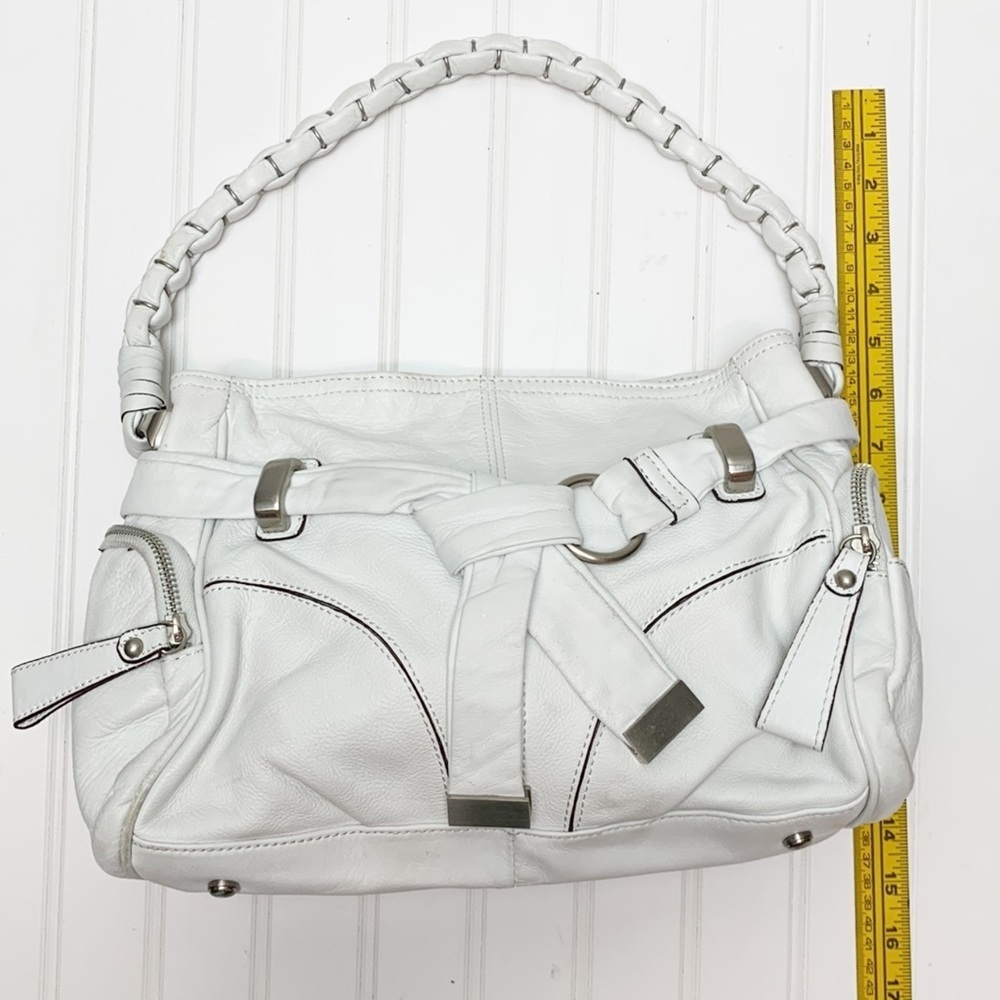 White Leather Shoulder Bag with Braided Handle